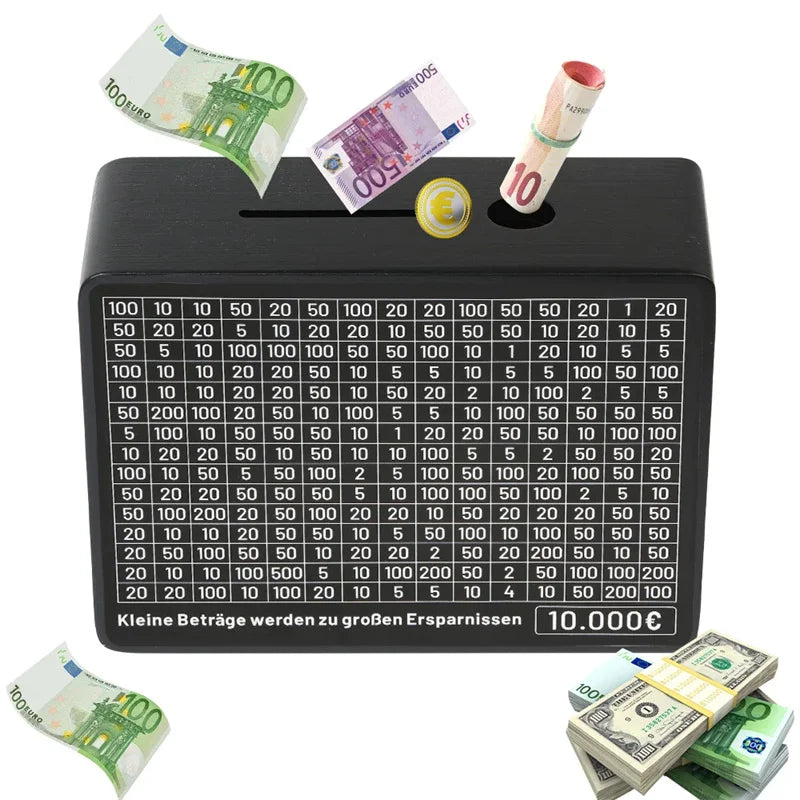 Black Wooden Piggy Bank with Counter - Coin Bank for Saving Euros, Includes Paper Saving Goals and Numbers