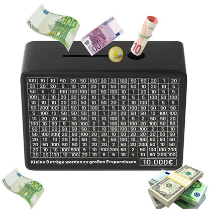 Black Wooden Piggy Bank with Counter - Coin Bank for Saving Euros, Includes Paper Saving Goals and Numbers