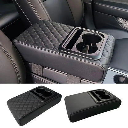 Auto Center Console Armrest Cushion with 2 Cup Holder - PU Leather Armrest Pad, Portable Car Armrest Pillow Cover, Height Adjustable Pad