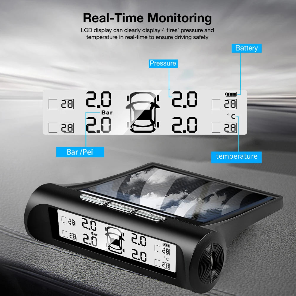 Car Solar Power TPMS: Digital Tire Pressure Alarm with 4 External Sensors | Auto Warning Monitoring System