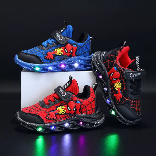 Disney LED Casual Sneakers – Red & Black Spiderman Mesh Outdoor Shoes for Boys, Lighted & Non-Slip, Sizes 21-30