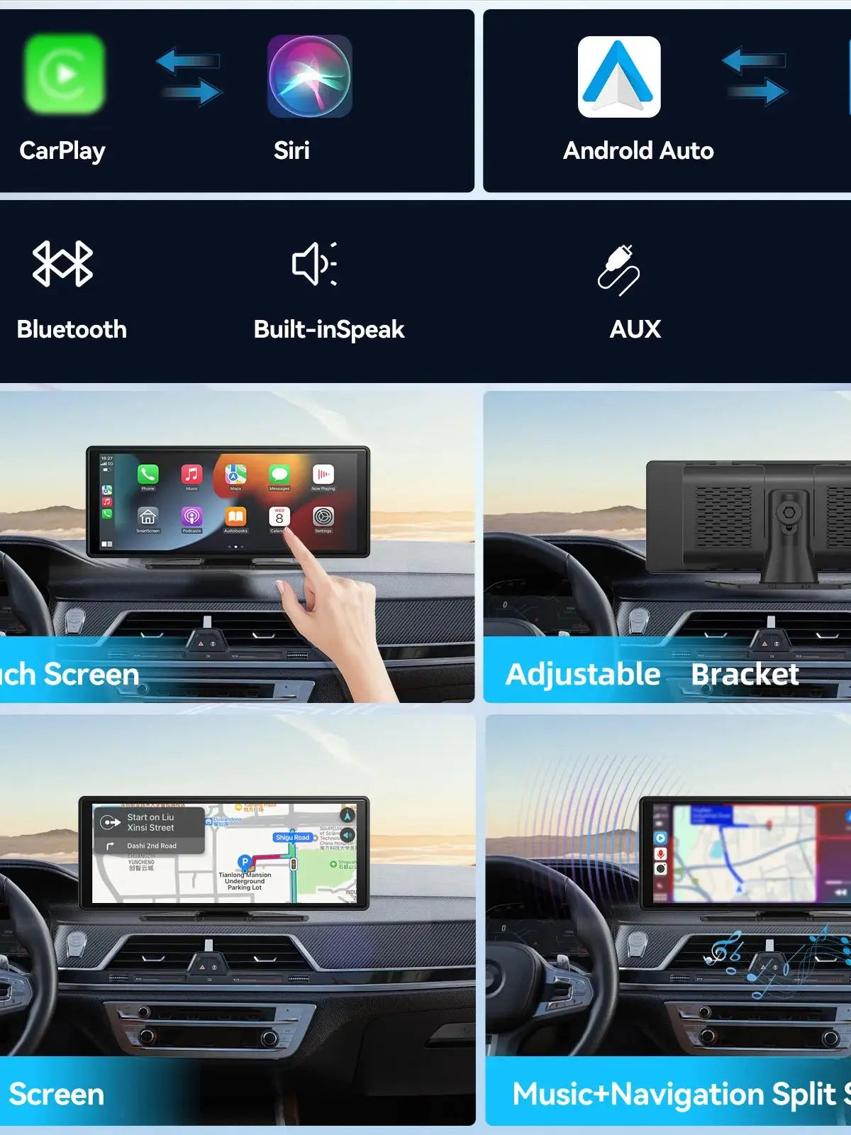 Universal Portable CarPlay Screen - Wireless Car Stereo with Android Auto, Car Touchscreen for All Cars