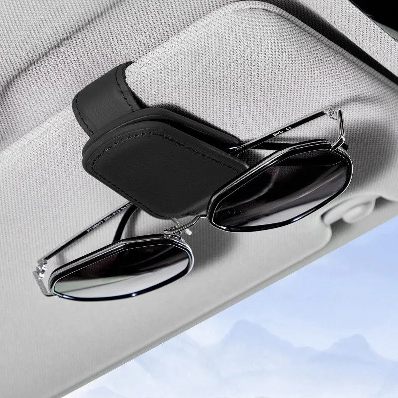 Black PU Leather Car Sunglasses Clip | Sun Visor Card Holder | Multifunctional Magnetic Suction Storage