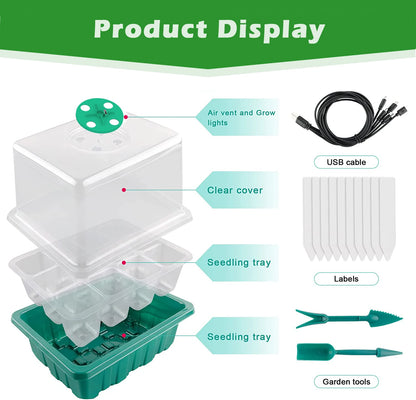 Full Spectrum LED Grow Light with Seedling Tray - Plant Seed Starter Trays for Greenhouse Growing - 12 Cells Per Tray with Drainage Holes