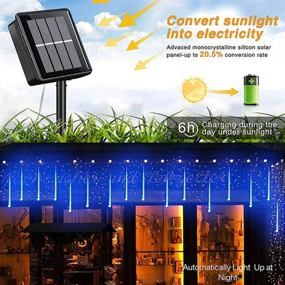 Solar Meteor Shower Rain String Lights - Waterproof Garden Light with 8 Tubes for Christmas Tree, Holiday Parties, Weddings, and Decorations