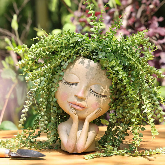 Resin Face Head Planter with Drain Holes - Succulent and Flower Pot Container, Ideal for Garden Decor and Tabletop Ornament