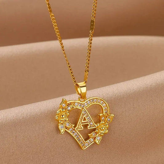 Zircon Flower Initial Necklace for Women - Stainless Steel Heart Letter Chain, Gold Color, 2024 Trend Wedding Jewelry