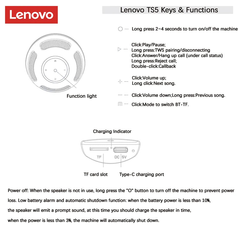 Original Lenovo TS5 Bluetooth V5.3 Speaker – Outdoor Portable Subwoofer with Long Endurance, Surround Sound Player