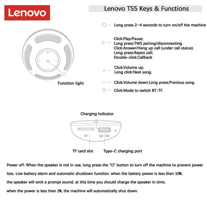 Original Lenovo TS5 Bluetooth V5.3 Speaker – Outdoor Portable Subwoofer with Long Endurance, Surround Sound Player