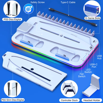 PS5 Slim Cooling Stand with RGB Light Fan - Dual Controller Charging Dock for PS5 Console (Disc & Digital Editions) | Controller Holder