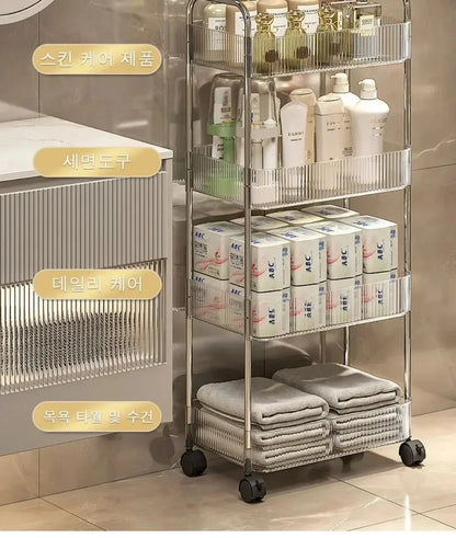 Acrylic Rolling Cart with Hanging Basket - Multi-Layer Transparent Bathroom, Makeup, and Snack Organizer, Movable Storage Rack