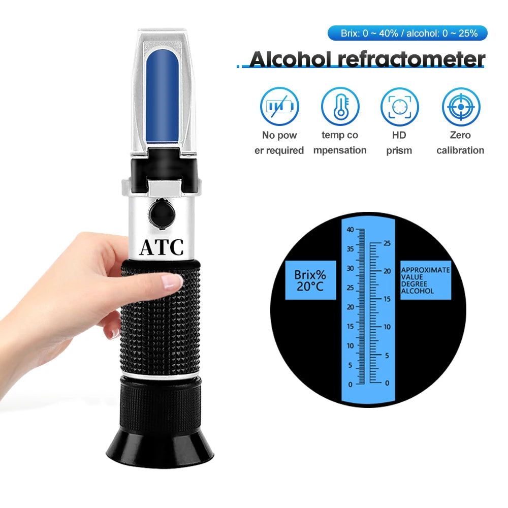 Handheld Alcohol Sugar Refractometer Tester - Wine Concentration Meter Densitometer 0-25% Alcohol, Beer 0-40% Brix Grapes