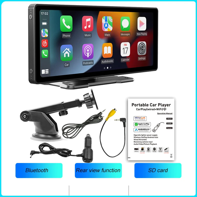 BQCC 10.26-Inch Portable Wireless CarPlay Screen - HD Rear Reversing Camera, Car Radio, DVR, MP5 Multimedia Video Player with Android Auto