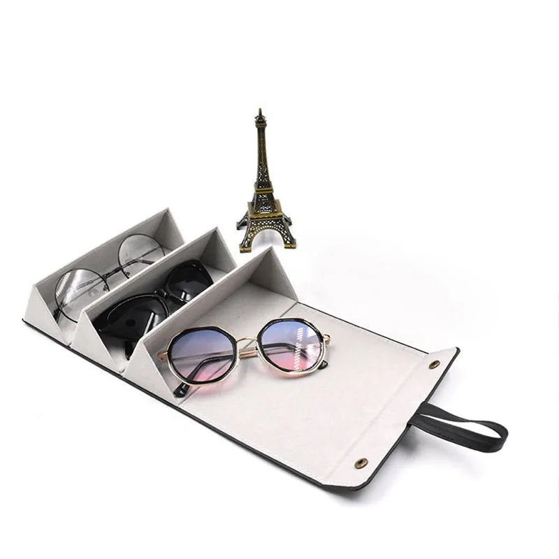 Portable Multi-Slot Eyeglasses Organizer: Travel-Friendly Folding Sunglasses PU Leather Case for Home Storage - 3/5 Grids Display