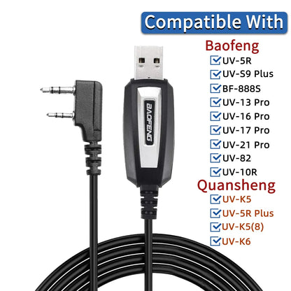 USB Programming Cable with CD for Baofeng UV-5R, 82, 888S, UV-S9PLUS, UV-13, 16, 17, 21 Pro, Quansheng UV-K5, 5R Plus - Walkie Talkie Radio