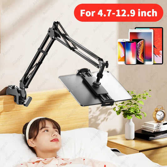 Adjustable Bed Tablet Stand: Aluminum Arm Mount for 4-12.9 inch Tablets & Phones | Support for iPad Mini, Bed or Desk Use