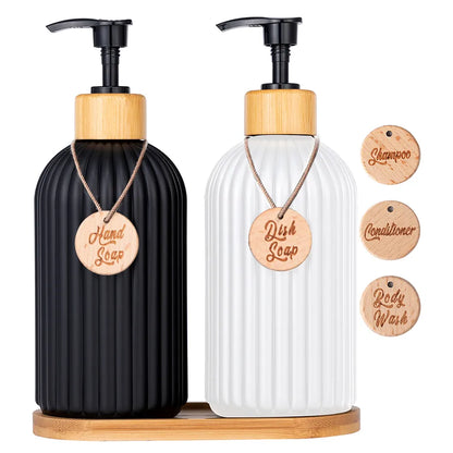 Bamboo Pump Strip Soap Dispenser - Refillable for Shampoo, Conditioner, Hands, and Dishes Soap in Kitchen/Bathroom