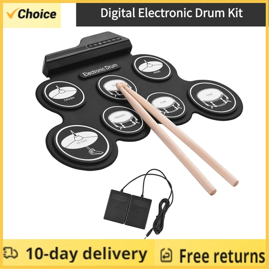 Compact Electronic Drum Set - USB Roll-Up Silicon Drums Pad, Digital Foldable Electric Kit for Hand Practice with Pedal