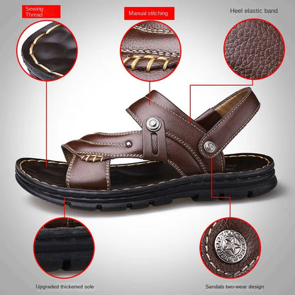 Men's Summer Genuine Leather Sandals – Thick-Soled, Non-Slip Beach Shoes, Slippers for Adults