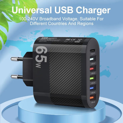 5-Port USB Charger with 3.1A PD Fast Charging for Xiaomi, iPhone 13, Samsung - QC 3.0 Wall Charger