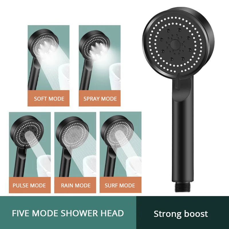 5 Mode Adjustable High Pressure Shower Head – One-Key Stop Water Massage, Water-Saving Black Bathroom Accessory