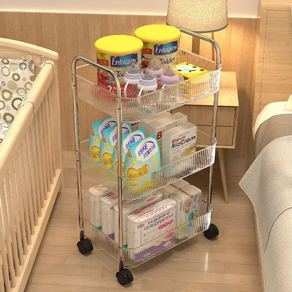 Acrylic Rolling Cart with Hanging Basket - Multi-Layer Transparent Bathroom, Makeup, and Snack Organizer, Movable Storage Rack