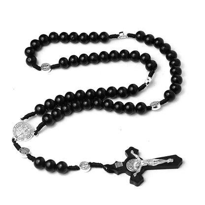 Catholic Wood Beaded Rosary Necklace - INRI Crucifix Cross Pendant Long Chain, Religious Prayer Jewelry for Men & Women