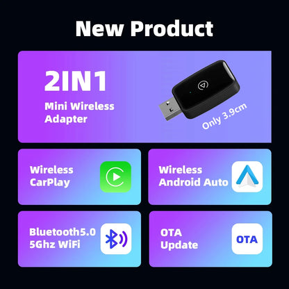 2024 Wireless CarPlay and Android Auto Adapter – 2 in 1 Smart Dongle with 5G WiFi and Bluetooth 5, Plug and Play for Wired Connections