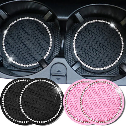 Car Water Cup Pad Holders - Non-slip Diamond Rhinestone Rubber Mat, Bottle Holder Coaster Auto Interior Anti-skid Cup Holders