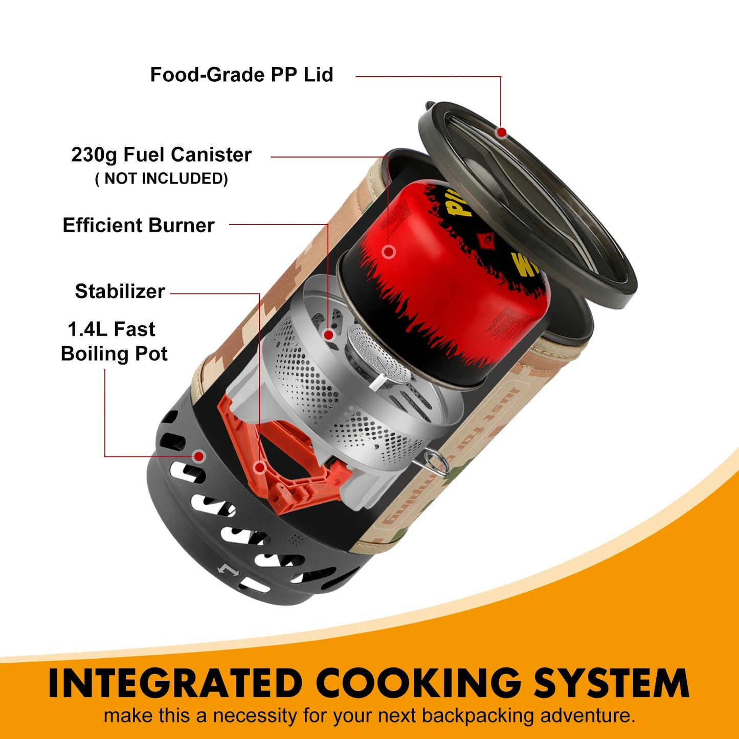 1.4L Portable Cooking System: Backpacking Camping Stove with Heat Exchanger Pot and Red Tripod