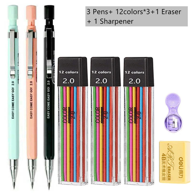 2.0mm Mechanical Pencil Set with 2B Black/Color Lead Refill - Ideal for Writing, Sketching, Art, Drawing, Painting, School, Automatic Pencil