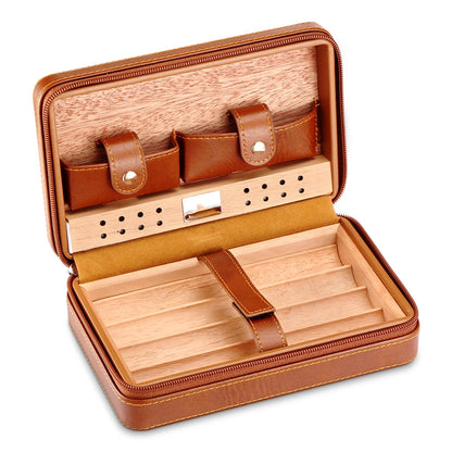 Portable Leather Cigar Humidor Box Set - Travel Cedar Wood Cigar Case with Cutter and Lighter - Essential Cigar Accessories