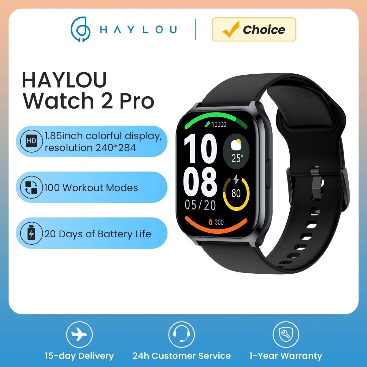 HAYLOU Watch 2 Pro (LS02 Pro) - 1.85'' HD Smartwatch | SpO2 & Heart Rate Monitor, 100 Workout Modes | For Men & Women