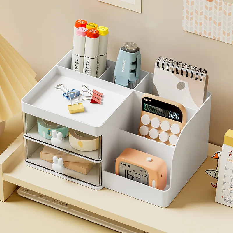 Desktop Transparent Cosmetics Storage Box – Organizer with Drawers and Pen Holder for Office Desks