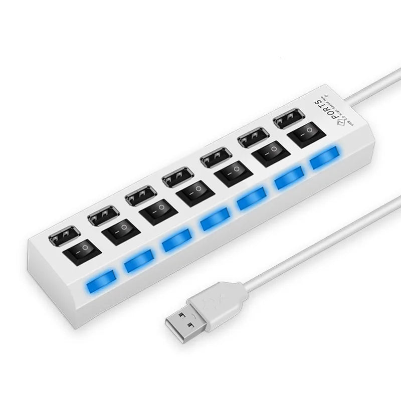 High-Speed 4/7 Ports USB 2.0 Hub – Multi USB Splitter Adapter with LED Lamp and Switch, Expander Extender for PC and Laptop