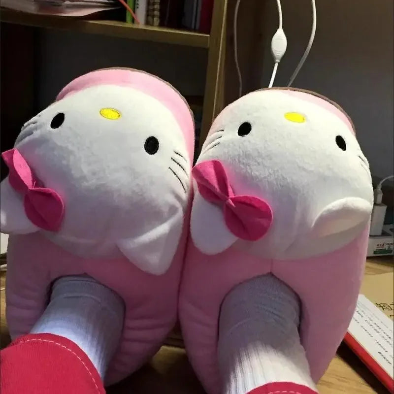 Sanrio Hello Kitty Big Head Plush Slippers - Winter Cotton Cartoon Y2K Slippers for Dorm and Home Comfort