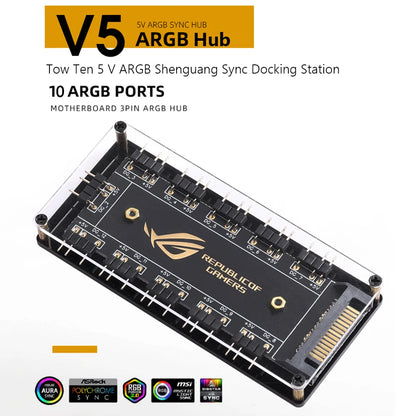 5V 3-Pin ARGB RGBW Cable: ASUS AURA SYNC Compatible, 10 Hub Splitter with SATA Power Extension Adapter - for LED Strip Lights, PC RGB Fans, Coolers