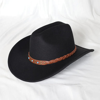 Vintage Western Cowboy Hat for Men and Women - Gentleman's Jazz Cowgirl Hat with Leather Wide Brim, Cloche Church Sombrero Caps