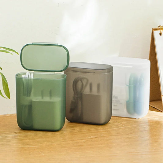 Desktop Data Cable Storage Box with Cover - Transparent Dustproof Mobile Phone Charger Container for Cable Wire Management in Office or Home