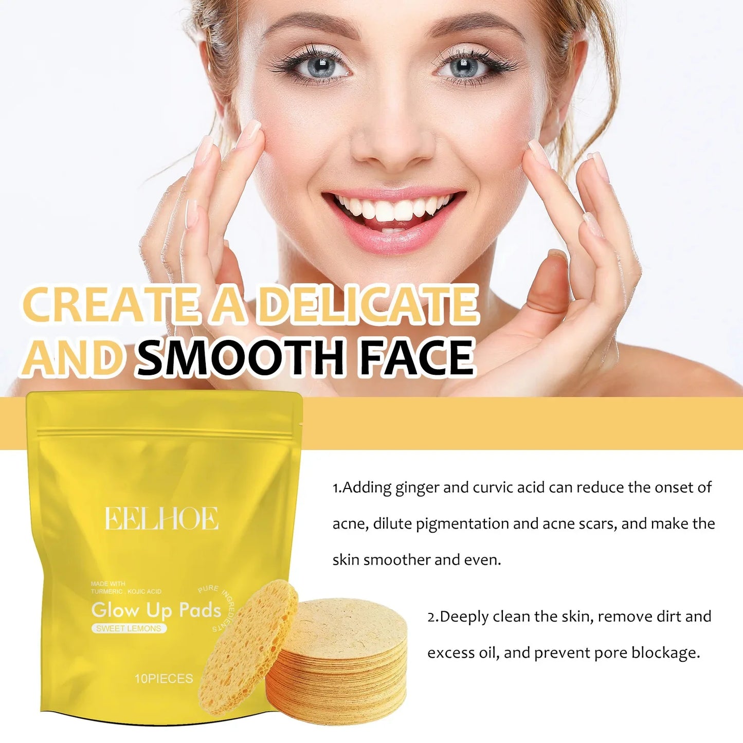 Turmeric and Kojic Acid Cleansing Pads - Exfoliating Facial Sponges for Daily Dirt Removal and Skin Care