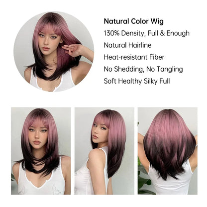 LOUIS FERRE Black Pink Ombre Synthetic Cosplay Wig: Long Straight Layered Wig with Bangs - Heat Resistant Fake Hair for Women