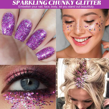 12-Color Holographic Chunky Glitter: 144g Craft Glitter, Face & Body Cosmetic Grade Sequins Glitter for Eyes and More