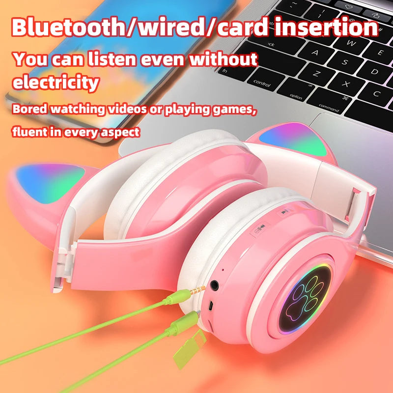 P91H Cute Cat Ears Bluetooth Wireless Headphones – With Mic, LED Flash Light, Stereo Music, Foldable Design