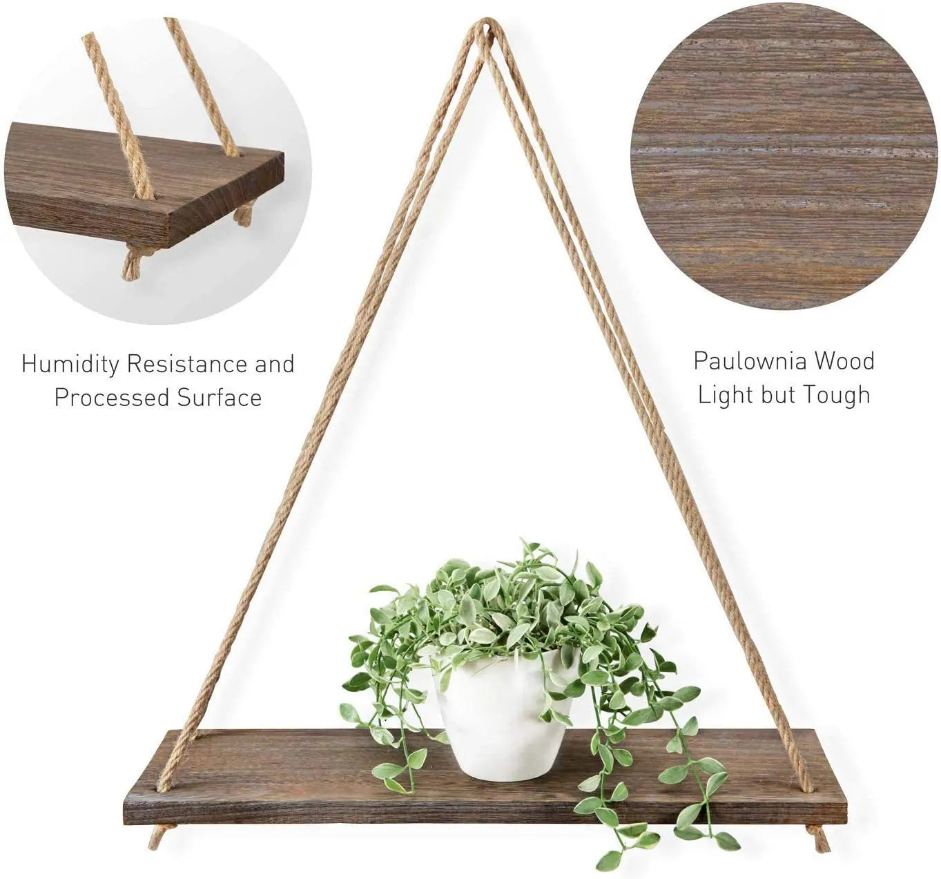 Wooden Rope Swing Wall Hanging Plant Tray | Floating Wall Shelves for Flowers | Nordic Home Decoration with Modern Simple Design