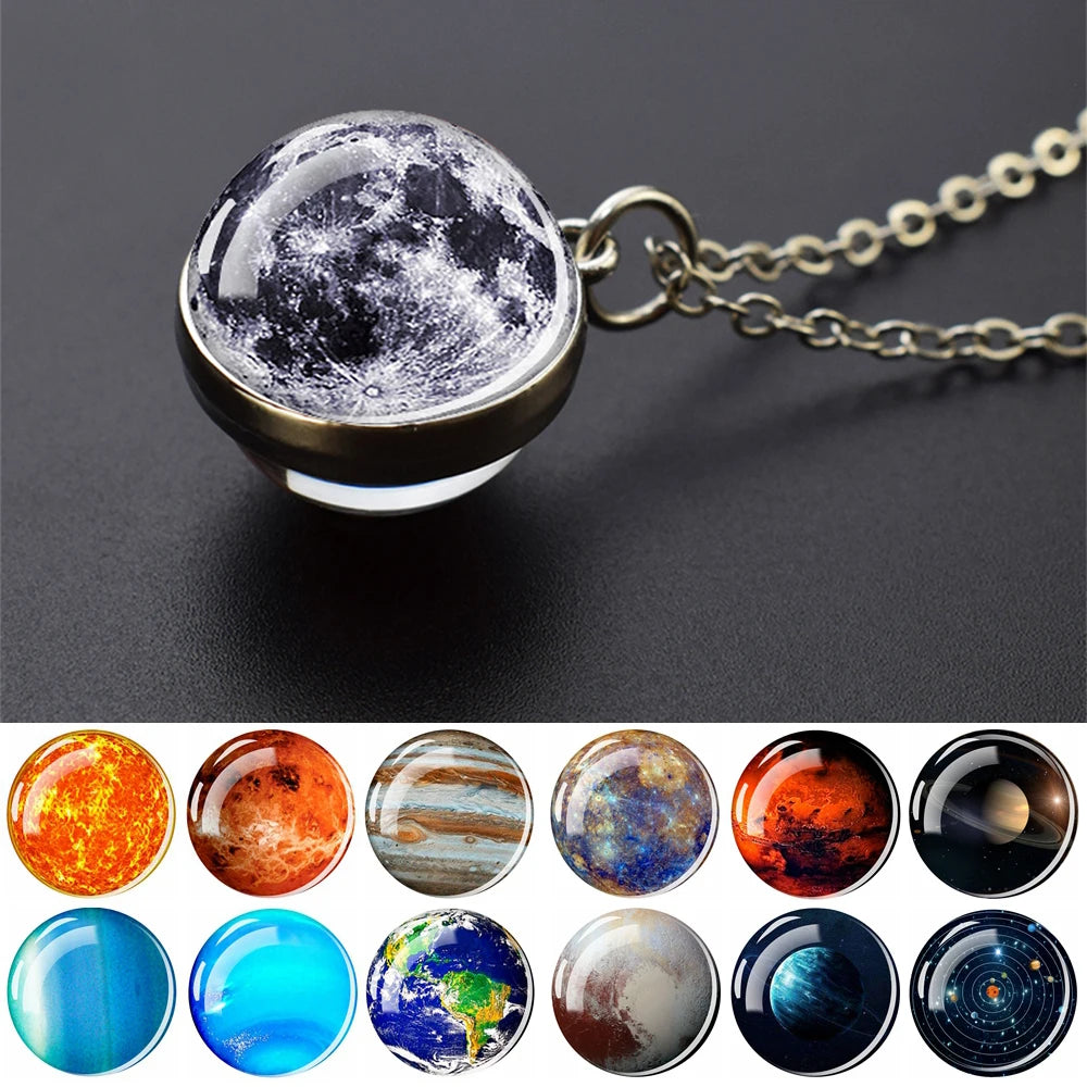 Solar System Universe Space Necklace - Two-Sided Glass Ball Pendant with Moon, Sun, Earth and Planets, Nebula Jewelry for Women and Men