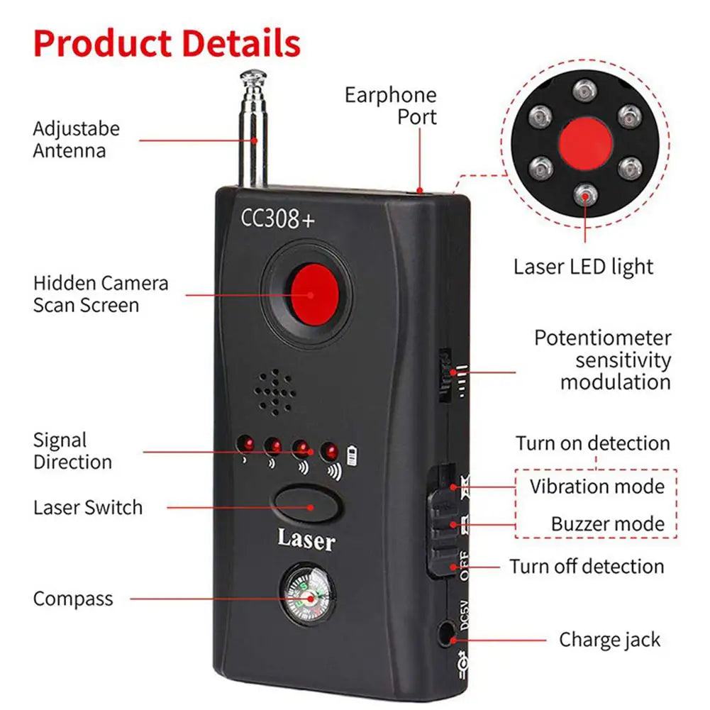 K18 Multi-Function Anti-Spy Camera Detector - Wireless Lens Device Finder, 1MHz-6.5GHz GSM Audio Bug and GPS RF Signal Tracker