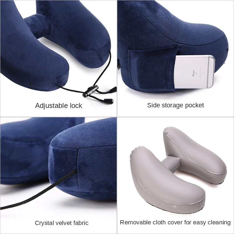H-Shaped Inflatable Travel Pillow with Hood - Foldable, Lightweight Neck Support for Car Seats, Chairs, Office, and Airplane Comfor