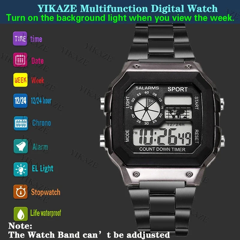 YIKAZE Luxury Stainless Steel Sport Watch – Military Digital, Waterproof LED Wristwatch for Men