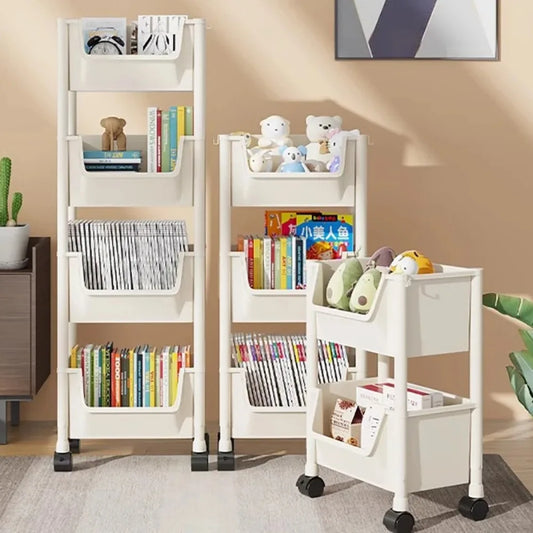 Portable Trolley Bookshelf - Creative Kitchen Storage Rack - Living Room Mobile Display Cabinet - Corner Movable Bookshelf with Wheels