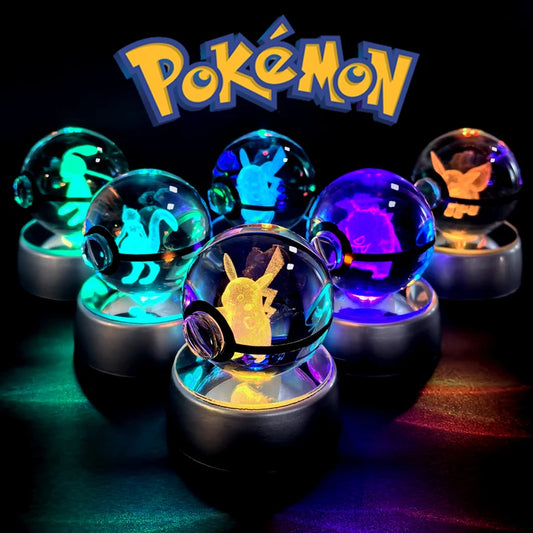 Pokemon Crystal Ball Night Light - 3D Pikachu, Gengar, Mew and Mewtwo Lamp Base, Glass Pokeball Figure, Birthday Gift